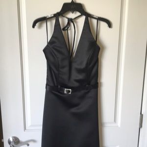 Scott McClintock long floor length dress, all black with rhinestone black belt